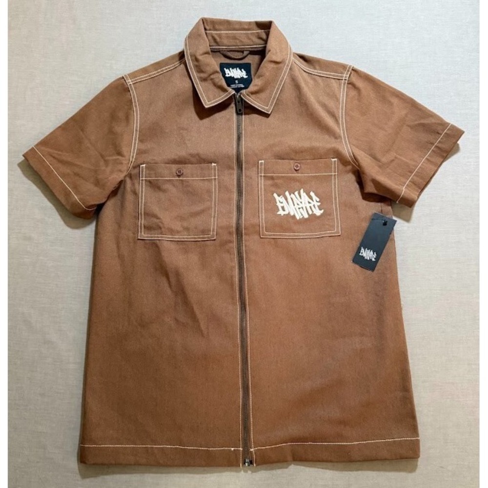 Empyre‎ Zip Work Shirt Adult Small Brown Embroidered Short Sleeve Casual Mens.